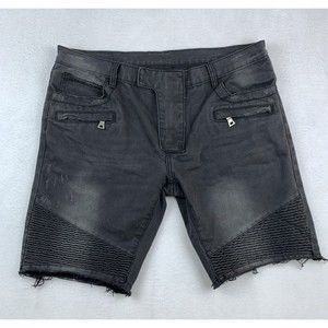 Balmain Paris Mens Biker Moto Shorts Sz 38 Distressed Faded Black